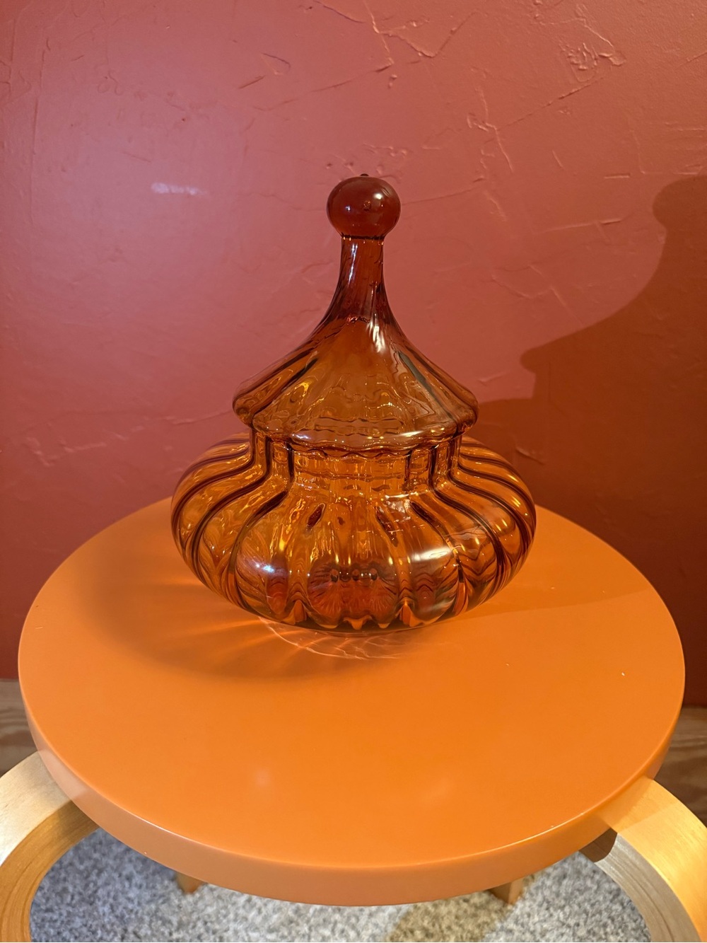 Vintage Empoli Amber Glass Circus Tent Candy Dish Optic Apothecary Jar Italy